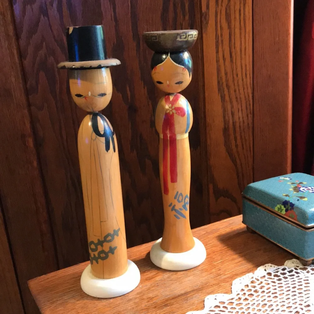 Vintage Kokeshi Wooden Candle Holders Pair Japan